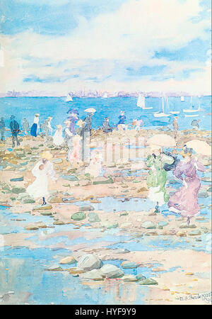 *Summer Visitors* (1897) von Maurice Prendergast fängt eine lebendige Sommerszene mit Figuren ein, die einen Blick auf die Küste genießen. Prendergasts impressionistischer Stil betont Farbe und Licht, typisch für sein Werk im späten 19. Jahrhundert. Stockfoto