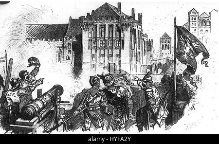 Diese historische Darstellung zeigt die polnische Artillerie während der Belagerung Malborks im Jahre 1410, einem entscheidenden Moment im Polnisch-Deutschen Krieg. Die Szene zeigt die militärische Strategie, die Waffen und das Ausmaß der Belagerung auf der Burg Malbork, einer der größten mittelalterlichen Burgen in Europa. Stockfoto