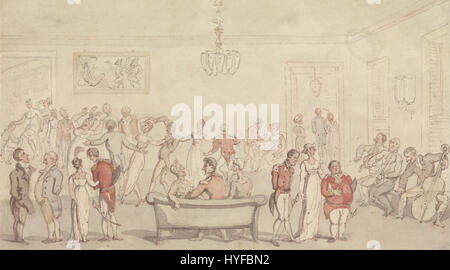 „Elegant Company Dancing“ ist eine undatierte Aquarell- und Tintenzeichnung von Thomas Rowlandson, die eine lebendige soziale Szene mit Musikern, Tänzern und elegant gekleideten Figuren in einer Inneneinrichtung veranschaulicht. Stockfoto