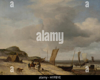 Adriaen van de Veldes Gemälde „Dunes at Scheveningen“ fängt einen ruhigen und naturalistischen Blick auf die Strandlandschaft in den Niederlanden ein. Der geschickte Umgang mit Licht und Textur des Künstlers verstärkt die Darstellung der Schönheit der Natur. Stockfoto