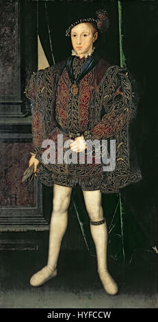 Edward VI. Scrots ist ein Porträt des jungen englischen Königs Eduard VI., das im Louvre Museum untergebracht ist. Das Gemälde spiegelt das königliche Verhalten und die Jugendliche Erscheinung des Monarchen wider, der Mitte des 16. Jahrhunderts England regierte. Es ist ein wichtiges Beispiel für Renaissanceporträts, das die für diese Zeit typischen Detailarbeiten und symbolischen Elemente zeigt. Stockfoto