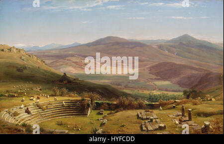 „Das Amphitheater von Tusculum und Albano Mountains, Rom“ von Worthington Whittredge ist ein Landschaftsgemälde, das das antike römische Amphitheater entlang der malerischen Albano Mountains zeigt. Das Stück verbindet historische und natürliche Schönheit. Stockfoto