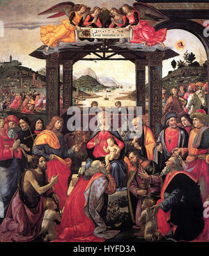 Ghirlandaios „Anbetung der Könige“ aus dem Jahr 1488 zeigt die drei Könige, die dem Kleinkind Christus Geschenke überreichen. Dieses Renaissance-Gemälde fängt die Tiefe der Krippe mit akribischen Details und lebendigen Farben ein. Stockfoto