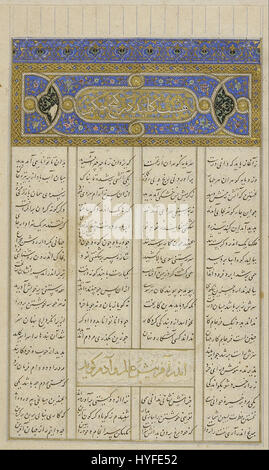 Die beleuchtete Kapitelüberschrift der Ann Arbor Shahnama repräsentiert den Einfluss der Shiraz- und Timuridenschulen der persischen Miniaturmalerei. Diese exquisite Manuskriptseite zeigt die detaillierte künstlerische Tradition der persischen Beleuchtung und Erzählkunst. Stockfoto