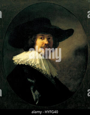 Ein Porträt von Rembrandt van Rijn, das einen Mann zeigt, der einen breitkrempigen Hut trägt. Das Kunstwerk demonstriert Rembrandts Beherrschung von Licht und Schatten sowie seine Fähigkeit, menschliche Ausdrücke und Details einzufangen. Stockfoto