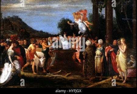 „Mercurius ontvoerd de godheid Contento“ (Mercury entducting the Goddess Zufriedenheit) von Adriaen van Stalbemt stellt die mythologische Szene des Botengottes Mercury dar, indem er die Personifizierung der Zufriedenheit entführt und eine dynamische mythologische Erzählung veranschaulicht. Stockfoto