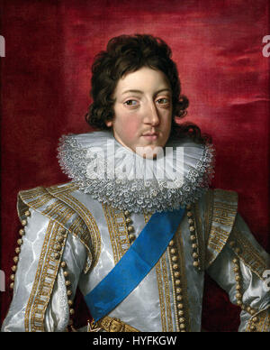 Das Porträt von Ludwig XIII. Von Frans Pourbus dem Jüngeren zeigt den König von Frankreich, der mit dem Schärpe und dem Abzeichen des Ordens des Heiligen Esprit geschmückt ist, was die Pracht königlicher Kleidung und die Bedeutung dieses französischen Ordens verdeutlicht. Stockfoto