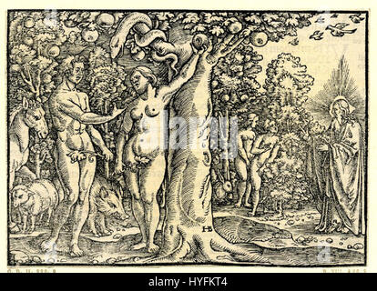 Diese Holzschnitt-Illustration, die Hans Brosamer 1550 schuf, zeigt die Szene des „Fall of man“ aus der Luther-Bibel. Er zeigt Adam und Evas Vertreibung aus dem Garten Eden und betont den Moment der Ursünde. Stockfoto