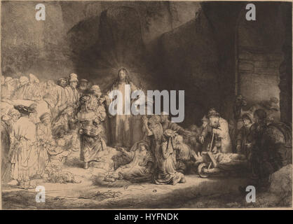 Der im 17. Jahrhundert entstandene „Hundert Gulden-Druck“ von Rembrandt van Rijn zeigt Christus, der vor den Menschenmassen predigt. Diese Ätzung wird für ihre detaillierte Darstellung von Licht, Schatten und emotionalen Ausdrücken der Figuren gefeiert, was Rembrandts Meisterschaft der Druckerei veranschaulicht. Stockfoto