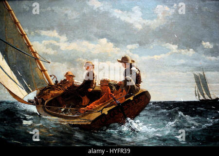 Winslow Homers *Breezing Up (A Fair Wind)* ist ein dynamisches Meeresbild, das die Kraft und Bewegung eines Segelbootes einfängt, das auf dem offenen Wasser trotzt. Das zwischen 1873 und 1876 gemalte Werk spiegelt Homers Meisterschaft wider, sowohl die Schönheit als auch den Kampf der Natur einzufangen. Stockfoto