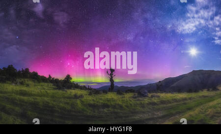 SÜDINSEL, Neuseeland: spektakuläre Bilder der MILCHSTRAßE und AURORA AUSTRALIS haben durch eine hingebungsvolle Stargazer gerissen worden. Die Sterne sahen noch nie so hell, wie sie in diesen leuchtenden Snaps haben.  Die andere Sichtweise wird durch die Bilder genommen auf der Südinsel, Neuseeland, wo die Milchstraße so klar ist, wie der Tag.  Bilder zeigen auch den Atem ist schöne Aurora Australis in fluoreszierenden Rosa und gelb. Kiwi-Fotograf Paul Wilson (29) führt in regelmäßigen Abständen Road-Trips über neunhundert - Meilen, den optimale Ort für Nachtaufnahmen Himmel, zu erreichen bis zu fo Ausgaben Stockfoto