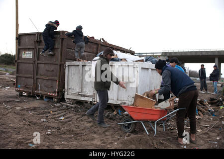 Januar 2016. Flüchtlinge holen Feuerholz, nach der Abriss eines Gebietes, wo Flüchtlinge Unterstände in die Flüchtlingslager in den Dünen von Calais, Frankreich.am Flüchtlingslager in Calais gebaut hatte, in der Endphase der durch französische Polizei ausgeglichen ist. Bilder zeigen wie Bulldozer, geschützt von Sicherheitsbeamten kaum eine Spur von, was einmal dicht gepackten Unterstände waren verlassen haben. Das umstrittene Lager, das Heimat von rund 6.000 Migranten vor allem aus Syrien und Nordafrika wurde, wird ständig von den Behörden entfernt. Stockfoto