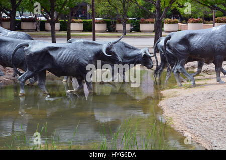 Mehreren Bronzestatuen sind Bestandteil einer alten Westen Rinder Laufwerk Skulptur in Pioneer Plaza, Innenstadt von Dallas, Texas. Stockfoto