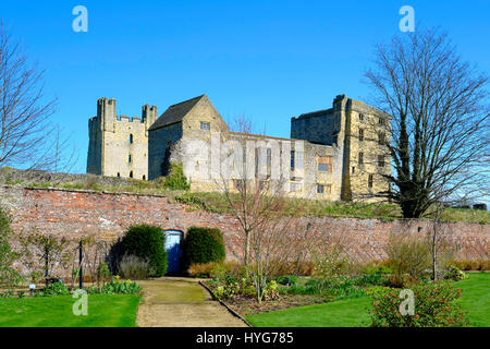 Helmsley Castle mit Blick auf den Helmsley Walled Garden im zeitigen Frühjahr Stockfoto