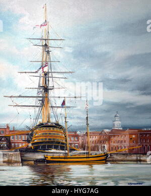 AJAXNETPHOTO. 2005. PORTSMOUTH, ENGLAND. -BEAUMONT MALEREI - HMS VICTORY UND SCHONER PICKLE. 46CMSX38CMS - ORIGINAL ÖL AUF LEINWAND VON DER KÜNSTLERIN CAROLINE BEAUMONT DARSTELLUNG NELSONS 1805 SCHLACHT VON TRAFALGAR FLAGGSCHIFF UND DER SCHONER PICKLE AUF DEM ADMIRAL COLLINGWOOD VERSAND DER SCHLACHT NACH ENGLAND GEBRACHT WURDE, ZUSAMMEN IN PORTSMOUTH ROYAL NAVAL BASE HERITAGE SITE IM JULI 2005. © COPYRIGHT: CAROLINE BEAUMONT. FOTO: JONATHAN EASTLAND/AJAX REF: 61703722 Stockfoto