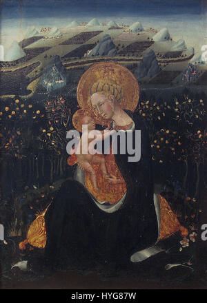 Giovanni di Paolos „Madonna der Demut“ ist ein religiöses Gemälde aus Siena, das die Madonna in einer bescheidenen, ruhigen Pose zeigt. Das Werk spiegelt den komplizierten Umgang des Künstlers mit Farbe und seine Darstellung religiöser Themen wider. Stockfoto