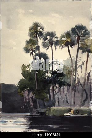 Winslow Homers Gemälde „Homosassa River“ zeigt die ruhige Flussszene mit charakteristischer Ruhe. Das Werk veranschaulicht Homers Expertise in der Landschaftsmalerei und fängt die ruhige Schönheit der amerikanischen Landschaft ein. Stockfoto