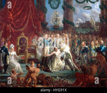 "Louis XVIII relevant la France de ses ruines" bedeutet "Louis XVIII, der Frankreich aus seinen Ruinen holt". Dieser Satz bezieht sich auf die Restaurierungsbemühungen von König Ludwig XVIII. Nach dem Fall Napoleons, der sich auf den Wiederaufbau Frankreichs im frühen 19. Jahrhundert konzentriert. Stockfoto