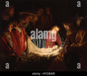 Gerrit van Honthorsts „Anbetung der Hirten“ zeigt die Krippe mit Hirten, die den neugeborenen Jesus verehren, und zeigt die Beherrschung des Lichts und Schattens, ein Schlüsselmerkmal seines barocken Stils. Stockfoto