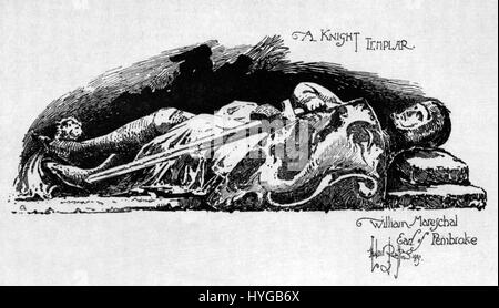 „A Knight Templar: William Mareschal, Earl of Pembroke“ von Herbert Railton zeigt den mittelalterlichen Ritter in voller Insignien. Dieses historische Gemälde spiegelt die Tapferkeit und ritterliche Tradition der Templer wider und konzentriert sich auf die Rolle von William Mareschal, einer Schlüsselfigur im mittelalterlichen England. Stockfoto