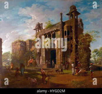 Das Gemälde „Lalbagh Fort“ von Johan Zoffany zeigt das historische Lalbagh Fort in Dhaka, Bangladesch. Das Fort, das im 17. Jahrhundert erbaut wurde, ist ein ikonisches Beispiel für Mogularchitektur, das islamische und lokale Einflüsse vereint. Zoffanys Werk fängt die Pracht und die komplizierten Details der Festung ein und bietet einen Einblick in die historische und kulturelle Bedeutung dieses architektonischen Wahrzeichens. Stockfoto