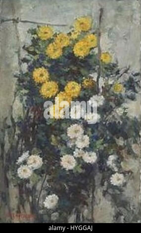 „Gelbe und weiße Chrysanthemen“ von Okada Saburosuke ist eine zarte Darstellung von Blumen im traditionellen japanischen Stil. Das Werk unterstreicht die Meisterschaft des Künstlers, die Feinheiten floraler Arrangements in lebendigen Farben einzufangen. Stockfoto