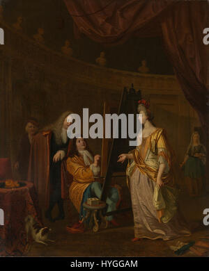 Een schilder in zijn Atelier, een dame portretterend (A Painter in his Studio, Portrait of a Lady) ist ein niederländisches Gemälde aus dem 17. Jahrhundert, das sich im Rijksmuseum befindet. Es zeigt einen Künstler in seinem Atelier, der ein weibliches Motiv malt und den Fokus auf das häusliche und künstlerische Leben während des Goldenen Zeitalters der Niederlande zeigt. Stockfoto