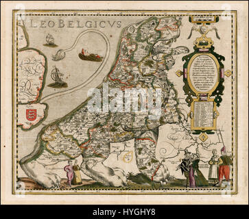 "1617 Leo Belgicus" von Kaerius ist eine Karte, die die Form der Niederländer in Form eines Löwen veranschaulicht. Dieses kartographische Werk verbindet Geographie mit symbolischer Kunst und stellt die Niederlande in einer heraldischen Darstellung dar. Stockfoto