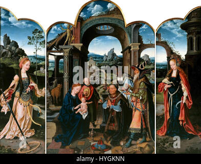 Joos van Cleves „Triptychon mit der Anbetung der Könige“ aus dem Jahr 1520 zeigt eine zentrale Szene, in der die Könige dem Kleinkind Christus Geschenke überreichen, umgeben von detaillierten Darstellungen von Heiligen und Engeln. Das Werk ist bekannt für seine komplizierte Verwendung von Farben und feinen Details, die charakteristisch für die religiöse Kunst der nördlichen Renaissance sind. Stockfoto