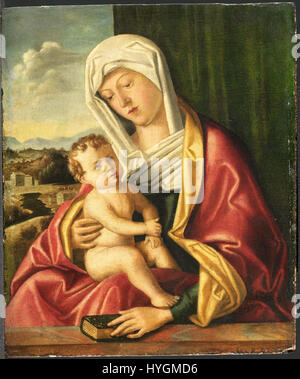 Die „Madonna Col Bambino“ der Schule von Giovanni Bellini, die im Rijksmuseum in Amsterdam untergebracht ist, zeigt die Jungfrau Maria mit dem Jesuskind. Das Stück folgt Bellinis Einfluss im venezianischen Renaissance-Stil. Stockfoto