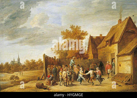 „Bauern tanzen außerhalb eines Gasthauses“ von David Teniers dem Jüngeren, um 1648 geschaffen, zeigt eine lebhafte Outdoor-Szene, in der Bauern vor einem ländlichen gasthof tanzen. Das Werk fängt das soziale Leben und die Bräuche flämischer Bauern des 17. Jahrhunderts ein. Stockfoto
