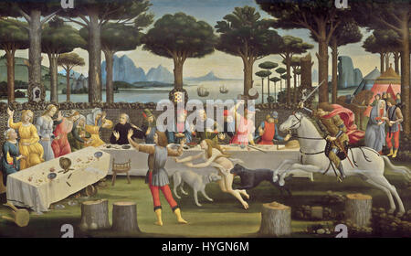 Sandro Botticellis *Porträt eines jungen Mannes* (Prado 49) ist ein Paradebeispiel für die Porträtmalerei der frühen italienischen Renaissance. Das Werk betont feine Details, wobei die Aufmerksamkeit auf die Besonderheiten des Motivs und die Verwendung harmonischer Farben gelegt wird. Stockfoto