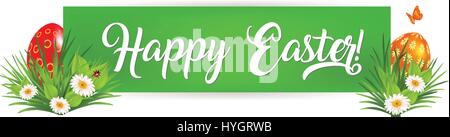 Ostern-Banner mit bunten Eiern auf einer Wiese mit Gänseblümchen, Schmetterling und Marienkäfer Stock Vektor