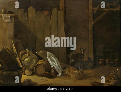 „Scheuneninterieur mit Ziegen“, Pieter Steenwijck zugeschrieben, zeigt eine ländliche Szene mit Ziegen in einer Scheune. Steenwijck war bekannt für sein Stillleben und seine Innenaufnahmen, die sich auf realistische Details und ruhige Kompositionen konzentrierten. Stockfoto