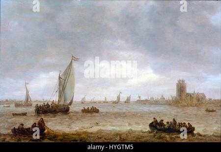 Jan van Goyens „Mouth of the Maas (Dordrecht)“ ist ein niederländisches Landschaftsgemälde aus dem 17. Jahrhundert, das einen Blick auf die Maas an ihrer Mündung zeigt. Das Gemälde spiegelt das Interesse des niederländischen Goldenen Zeitalters an naturalistischen Darstellungen von Wasser, Himmel und Licht wider. Stockfoto