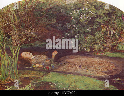 John Everett Millais’ Gemälde „Ophelia“ (1851–1852) stellt die tragische Figur aus Shakespeares „Hamlet“ dar, während sie in einem von Blumen umgebenen Bach ertränkt. Das Werk ist bekannt für seinen detaillierten Naturalismus und die symbolische Nutzung der Flora, um Ophelias Geisteszustand widerzuspiegeln. Stockfoto