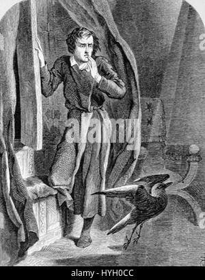Eine Illustration von John Tenniel von „The Raven“, die ursprünglich 1845 als Teil des Gedichts von Edgar Allan Poe veröffentlicht wurde. Das Bild fängt die unheimliche Atmosphäre und die symbolische Natur des Raben in dem Gedicht ein und kombiniert dunklen Humor und detaillierte Linienarbeit. Stockfoto
