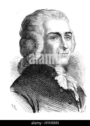 J.I. Guillotin (1738–1814) war ein französischer Arzt, der vor allem für seine Rolle bei der Erfindung der Guillotine bekannt war, ein Gerät, das zur Todesstrafe während der Französischen Revolution verwendet wurde. Er spielte eine wichtige Rolle bei der Reform des französischen Rechtssystems und förderte humanere Hinrichtungsmethoden. Stockfoto