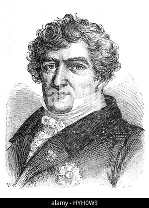 Baron Georges Cuvier (1769–1832) war ein französischer Naturforscher und Paläontologe. Sein Werk legte die Grundlage für die Extinktionstheorie, und dieses Porträt repräsentiert seine bedeutenden Beiträge zu den Naturwissenschaften und sein Vermächtnis auf diesem Gebiet. Stockfoto