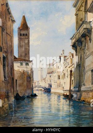 „Venedig Rio San Barnaba“ von Johann Gottfried Steffan zeigt einen ruhigen Blick auf den Rio San Barnaba in Venedig. Das Gemälde fängt das ruhige Wasser und die architektonische Schönheit der venezianischen Landschaft ein. Stockfoto
