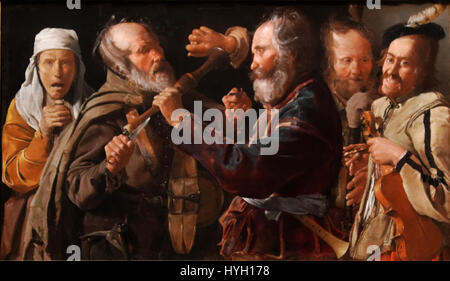 „The Musicians' Brawl“ des französischen Barock-Künstlers Georges de la Tour zeigt eine lebhafte Szene von Musikern, die sich an einer Schlägerei beteiligen, und hebt die Verwendung von Hell- und Genreszenen hervor. Stockfoto