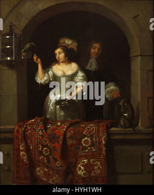 Caspar Netscher A Dame mit einem Papagei und ein Gentleman mit einem Affen (1664) Stockfoto