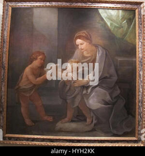 „Vergine Col Bambino e S. Giovannino“ (Jungfrau mit Kind und Johannes) von Guido Reni, gemalt zwischen 1640 und 1642, stellt die Jungfrau Maria mit dem Christuskind und Johannes dem Täufer in einem religiösen Umfeld dar. Stockfoto