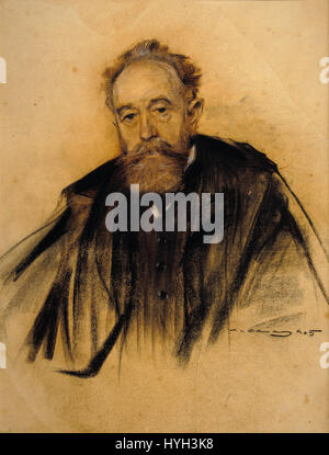 Dieses Gemälde von Ramon Casas, ausgestellt im MNAC, zeigt ein Porträt von Aureliano de Beruete. Das Werk zeigt Casas' Fähigkeit, in seinem detaillierten Porträt sowohl das Gleichnis als auch die Persönlichkeit einzufangen. Stockfoto