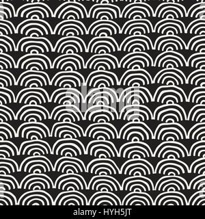 Monochrome minimalistisch Musterdesign mit Bögen. Einfach von Hand gezeichnet Textur. Vektor-Hintergrund mit runden tiefschwarzen Linien Stock Vektor