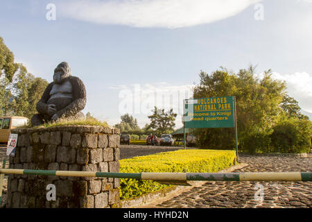 Volcanoes-Nationalpark, Ruanda - 2. März 2017: Eingangsschild zum Volcanoes National Park Kinigi Hauptquartier mit Statue des Berges Gorill in währenddessen Stockfoto