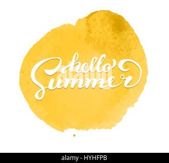 Hallo Sommer. Bürsten Sie handgeschriebene Schrift auf Aquarell füllen. Vektor-Illustration. moderne Kalligraphie Stock Vektor