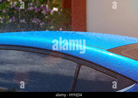 Blaues Autodach bei Regen im sonnigen Tag nass. Wassertropfen auf blaues Auto rood Stockfoto