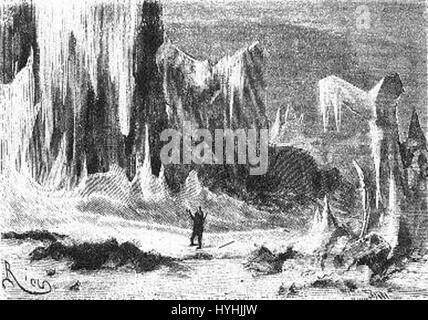 „The Field of Ice“ von Riou und Montaut ist eine eindrucksvolle Illustration, die eine eisige, einsame Landschaft darstellt. Diese dramatische Arbeit fängt die rauen Bedingungen der Polarregionen ein und erinnert an die Herausforderungen der Erkundung im gefrorenen Norden. Stockfoto