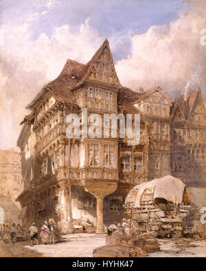 Dieses Aquarellgemälde von William Callow zeigt das Haus des renommierten deutschen Künstlers Albrecht Dürer in Nürnberg. Dürer war berühmt für seine Stiche, Holzschnitte und Beiträge zur Kunst der Renaissance. Stockfoto